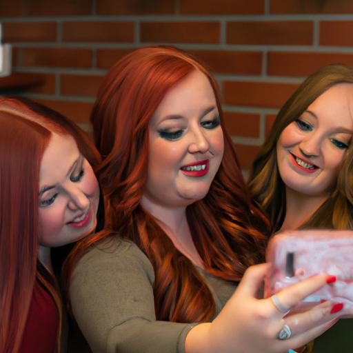 Nhóm các cô gái có mái tóc đỏ soi cầu chụp ảnh selfie cùng nhau