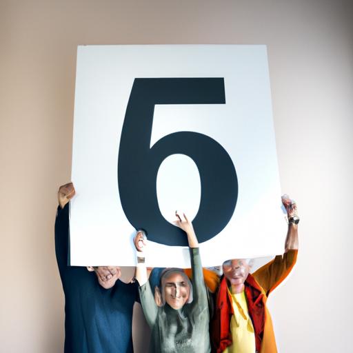 Nhóm người mừng rỡ và cầm biểu ngữ với các số 5, 6 và 8.