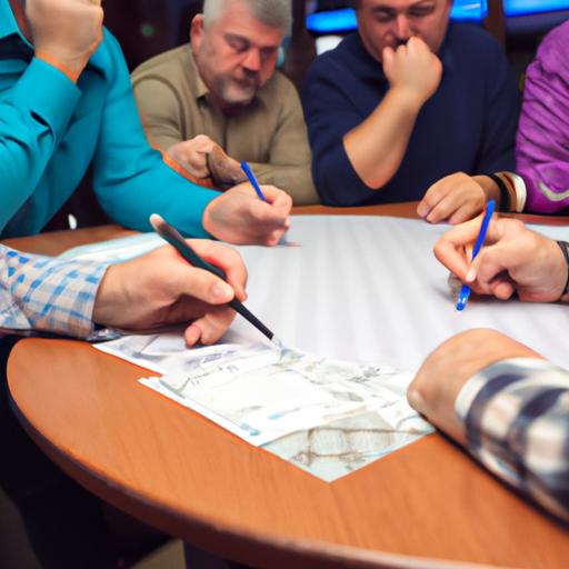 Một nhóm người ngồi quanh bàn và thảo luận về chiến lược chơi Vietlott.