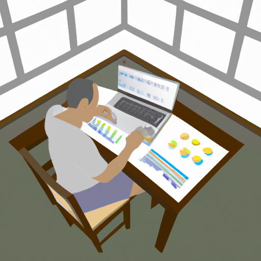 Hình ảnh người ngồi tại bàn với một chiếc laptop, đang xem xét bảng số đề và phân tích dữ liệu.