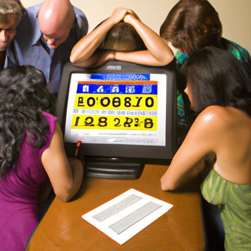 Một nhóm người đang tập trung xung quanh bàn, nhìn vào màn hình máy tính hiển thị các số xổ số.
