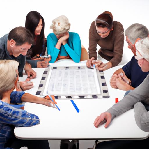 Một nhóm người ngồi quanh bàn, thảo luận và phân tích các số độc đắc trên bảng trắng.