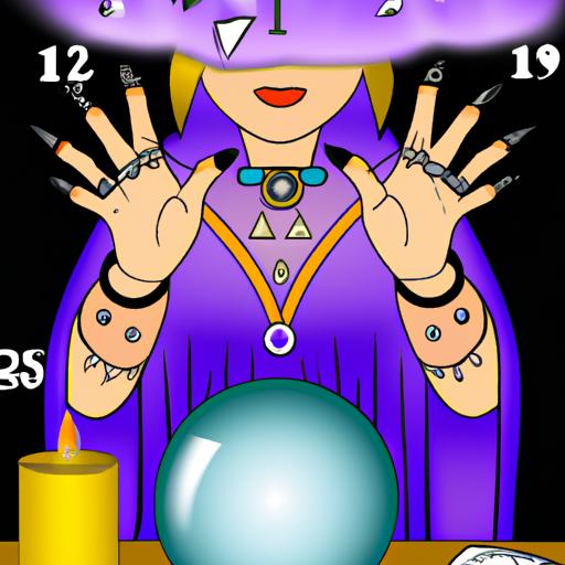 Hình ảnh một bà tử vi cầm một bộ bài và quả cầu thủy tinh với các số bay quanh quẩn.